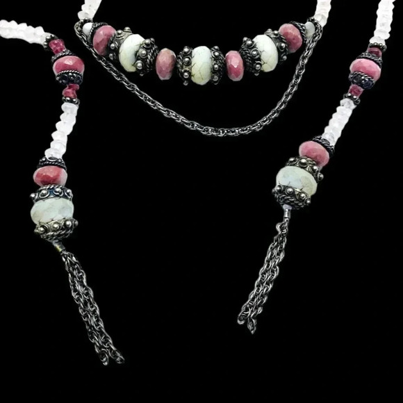 Gemstone Rose Quartz Morganite Rhodochrosite Scarf Tassel Flapper Style Necklace - Picture 3 of 10